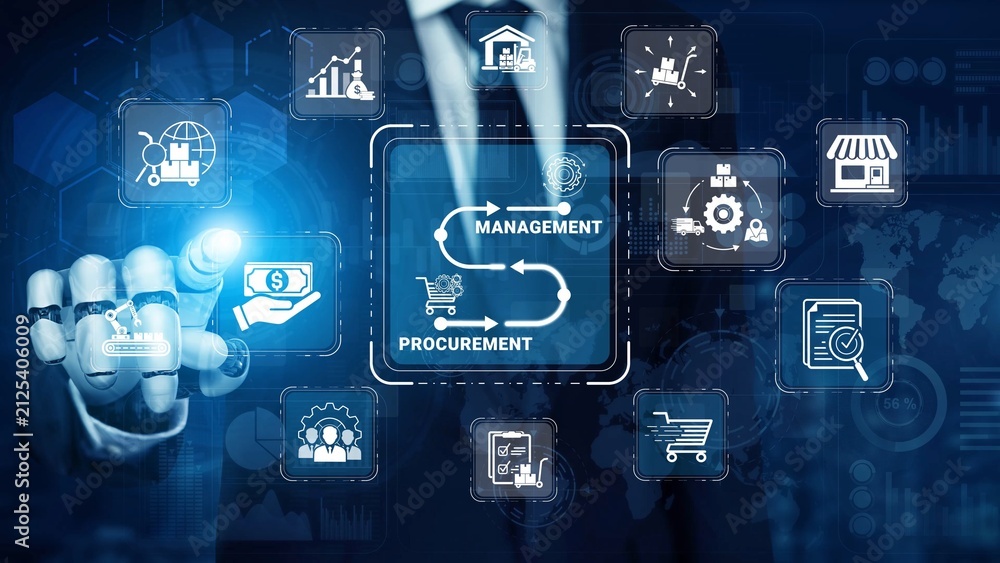Fototapeta premium Visual Concept of Management and Procurement Strategies with Digital Icons Representing Business Processes and Data Analysis in a Modern Setting Sigmoid