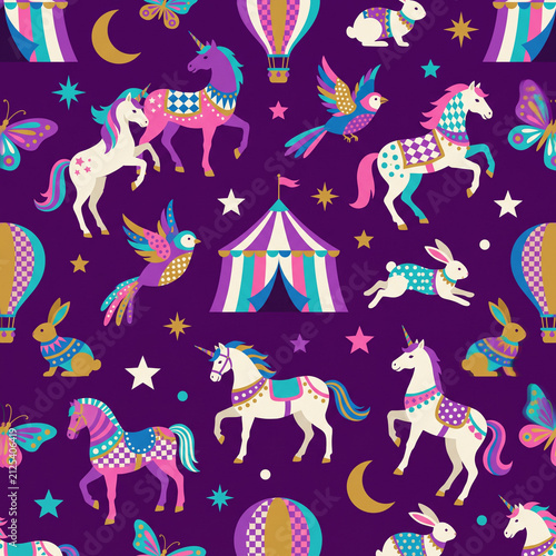 Whimsical Circus Pattern: A vibrant, fantastical scene bursting with magical elements, featuring unicorns, hot air balloons, circus tents, and playful rabbits on a deep purple backdrop.