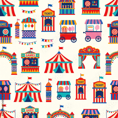 Carnival Clipart: A vibrant and colorful seamless pattern featuring classic carnival elements like game stalls, ticket booths, cotton candy carts, and circus tents.
