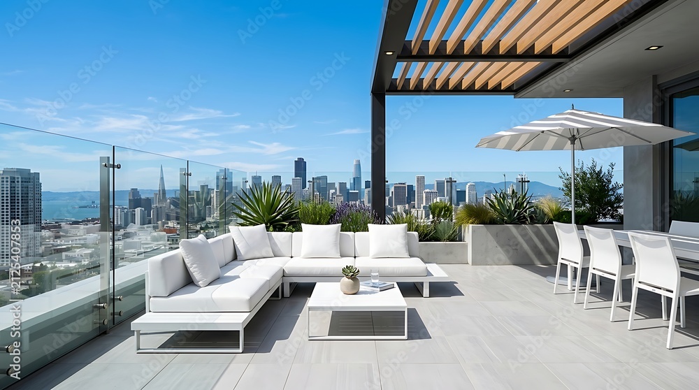 Fototapeta premium Modern rooftop patio with white furniture and city skyline view