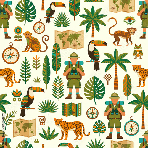 Jungle Expedition Seamless Pattern: A vibrant and detailed illustration of a jungle adventure, featuring explorers, wild animals, tropical plants.