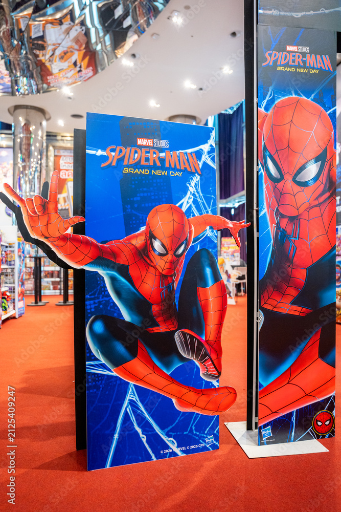 Fototapeta premium Bangkok, Thailand - August 3, 2025 : Billboard advertising the film Spider-Man: Brand New Day in the lobby of the Major Cineplex Siam Paragon.