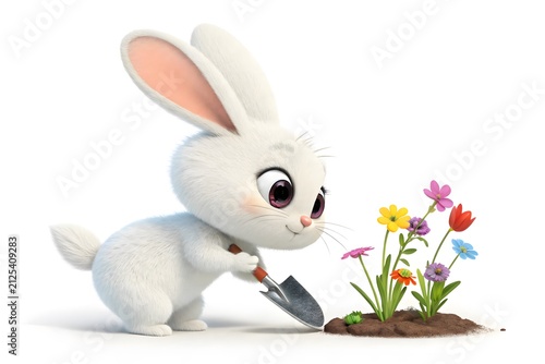 Cartoon rabbit gardening with colorful flowers