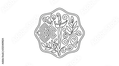 Bild auf Leinwand Traditional Indonesian Kris Dagger with Ethnic Floral Ornaments Continuous Line