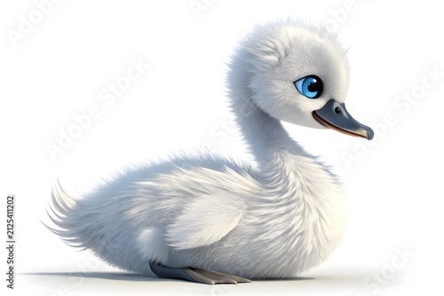Cute fluffy white duckling with blue eyes looking side