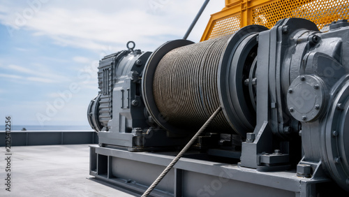 Industrial Crane Hoist Winch with Steel Cable Drum and Copy Space