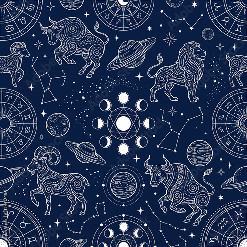 Celestial Zodiac Tapestry: A mystical navy blue tapestry intricately weaves together astrological symbols, zodiac constellations, celestial bodies, and planetary phases.