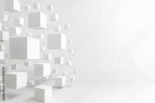 Minimalist white 3D cubes floating in empty space, abstract geometric background with clean architectural shapes, modern digital art for corporate presentation