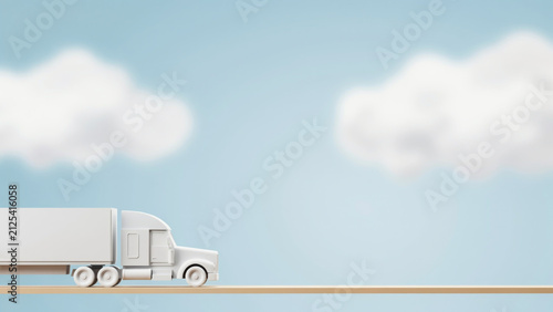 Clean minimalist 3d render of white semi truck trailer moving on abstract road against soft light blue sky background with fluffy white clouds representing modern logistics transportation art.