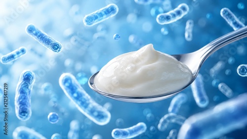 Yogurt on a spoon with floating probiotic bacteria cells. Healthy dairy product with active cultures for digestive health. Nutrition concept for gut balance and immune system support.