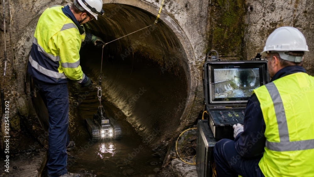 Fototapeta premium Pipeline technicians using robotic crawler for pipe inspection