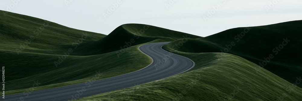 Fototapeta premium empty winding road through surreal green hills, elegant editorial landscape of a serene countryside road, cinematic luxury road scene across smooth rolling hills