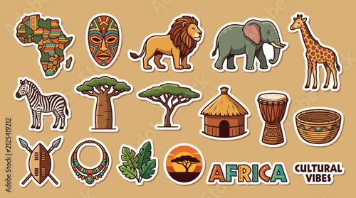 Canvas Print Vibrant set of African themed vector illustrations featuring wild animals tribal