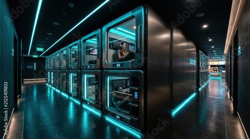 Modern Capsule Hotel Corridor With Occupied Sleep Pods And Blue Neon Lighting