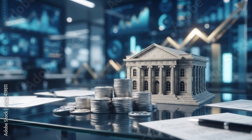 Modern financial institution model with stacked coins on glass d