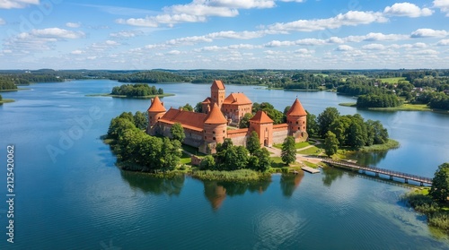 Aerial view of the medieval gothic Trakai Island Castle in Galve Lake.