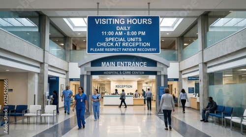 Modern Hospital Hallway With Medical Staff And Visitors During Daytime