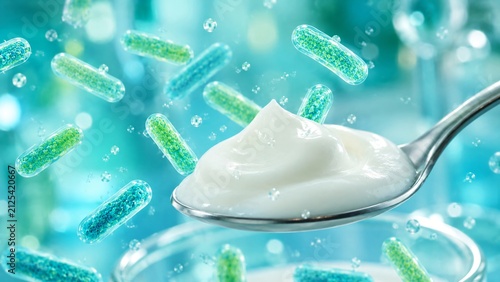 Yogurt on a spoon with floating probiotic bacteria cells. Healthy dairy product with active cultures for digestive health. Nutrition concept for gut balance and immune system support.