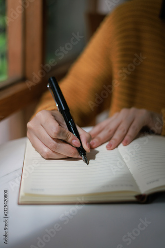 Quadro su tela Close up of a hand holding a fountain pen writing in a lined notebook