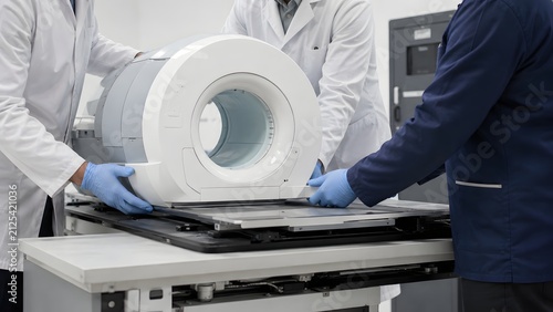 Technicians assembling industrial mri scanner component in manufacturing facility with medical technology, industrial des