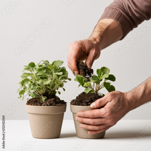 Hands gently plant new sprout beside mature green plant