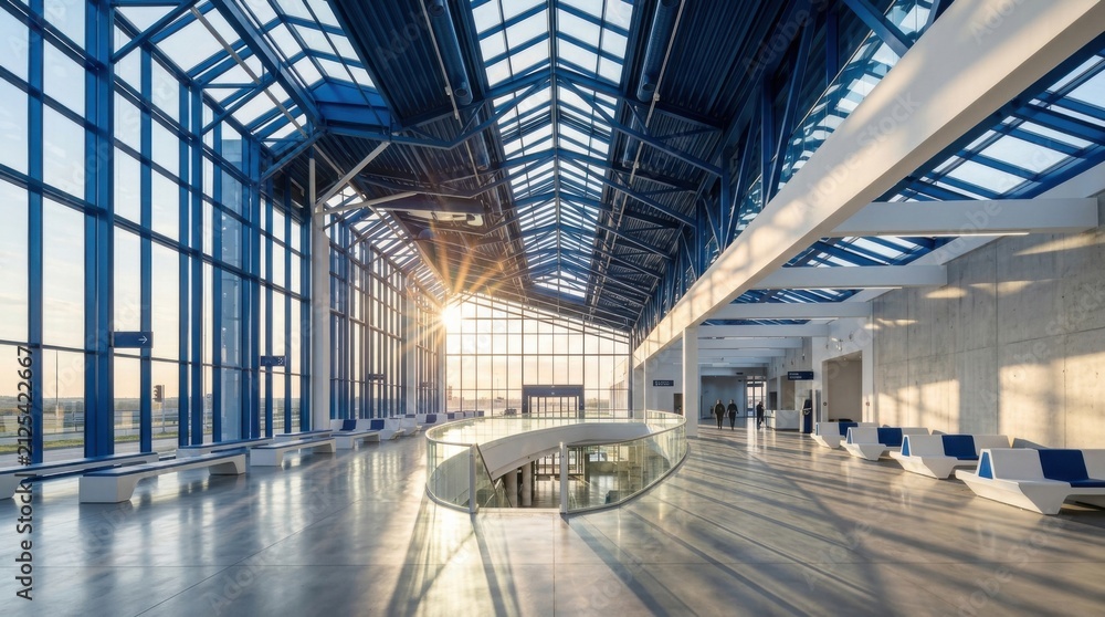 Obraz premium Modern Airport Terminal Interior With Natural Light And Steel Architecture