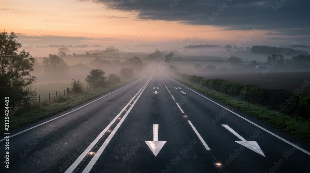 Fototapeta premium Misty Road Sunrise Journey Towards Horizon Soft Light