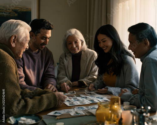 Five people gather around a table, sharing a moment