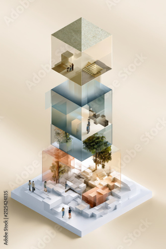 Transparent cubes reveal layered living spaces
