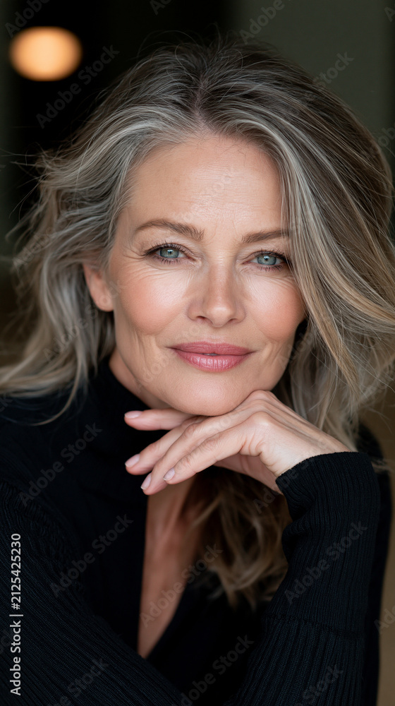 Fototapeta premium glowing mature woman portrait with elegant natural beauty, cinematic headshot of confident middle aged woman with radiant skin, timeless elegant female beauty portrait with soft light 