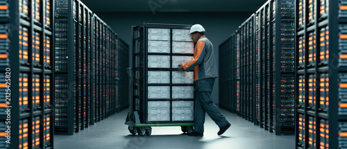 Worker pushes cart through server racks