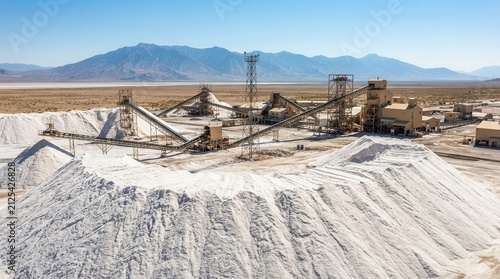 Industrial salt mining facility with white mineral piles and equipment near Utah mountains