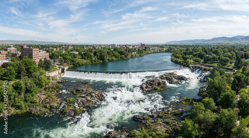 A scenic wide landscape of the Idaho Falls river and waterfall in Idaho.