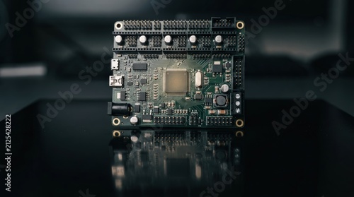 Robotics controller board standing upright on reflective surface