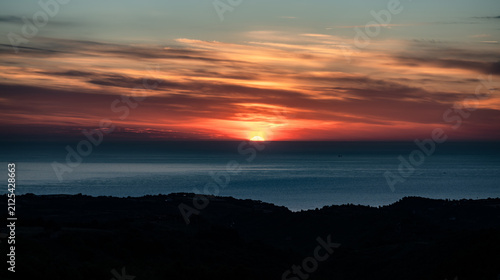 Adriatic Sea. Spectacular aurora and sunrise seen from the village of Ripatransone, in the Marche region.