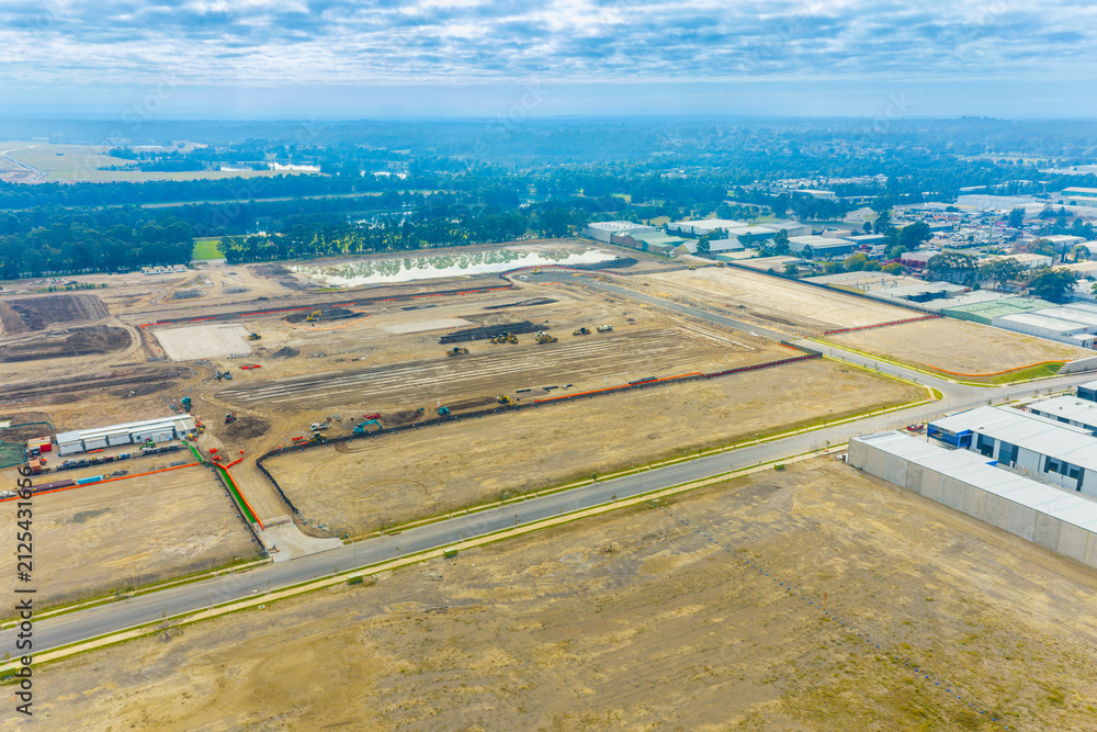 Obraz premium Drone aerial photograph of a large industrial construction site in The Nepean Business Park precinct in the Greater Western Sydney town of Penrith in New South Wales, Australia