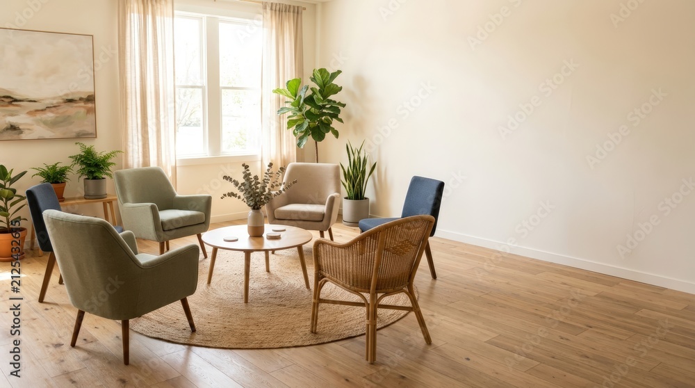 Fototapeta premium Serene counseling room with modern chairs and natural light