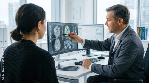 Doctor Consults Patient Showing Brain Scans On Computer Screen