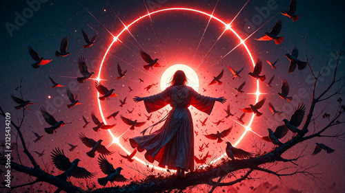Divine Figure Standing Before a Radiant Glowing Red Solar Halo and Flock of Birds