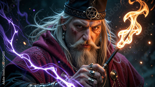 Elder Sorcerer Wielding Magical Elements of Fire and Lightning