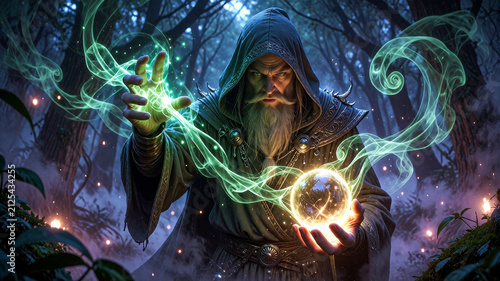 Elder Wizard Casting Green Magical Spells in Enchanted Forest