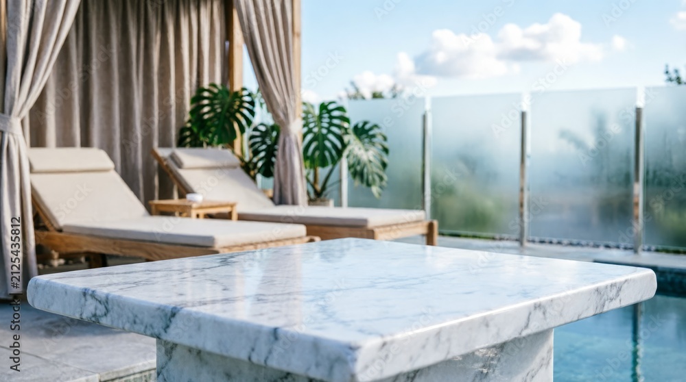 Fototapeta premium Luxury Poolside Marble Table with Lounge Chairs and Tropical Plants for Resort Design
