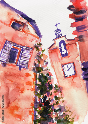 Ochre village architecture in Roussillon, Provence, hand-painted watercolor