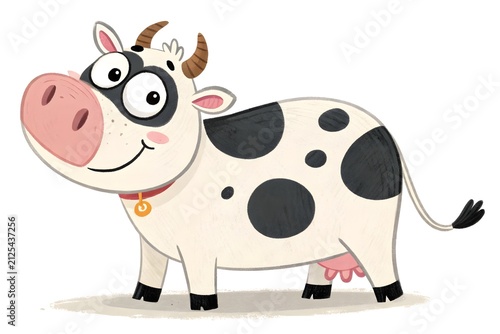 Cartoon cow with pink nose and bell standing happily