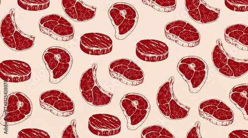 A repeating pattern of various raw beef cuts, including steaks and chops, in a sketched style on a light background.
