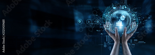 Фотография Data analyst and client holding hands analyzing Statistical Analysis data network sets to find meaningful patterns