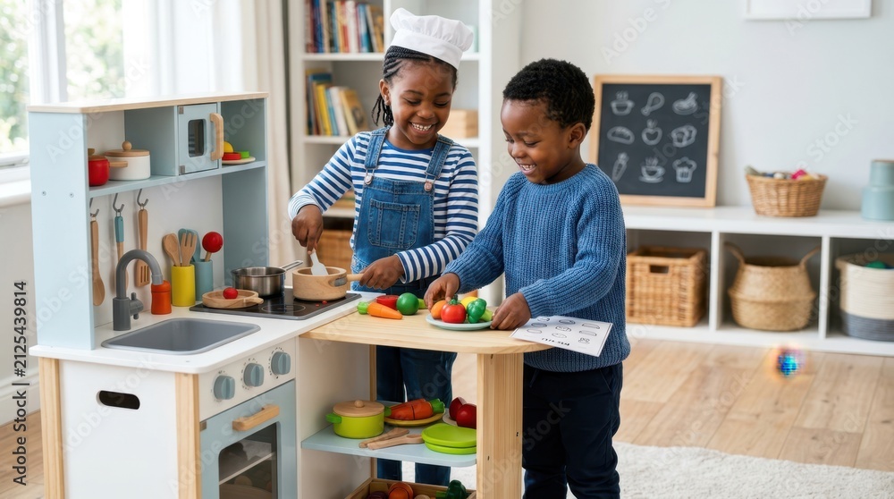 Fototapeta premium Two happy children playing with a wooden toy kitchen and pretend food