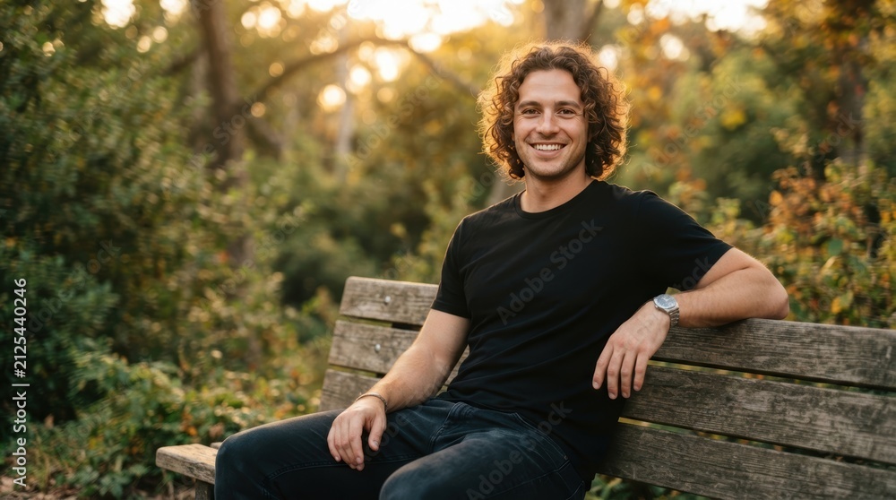 Fototapeta premium Smiling man with curly hair sitting on a park bench in golden hour light