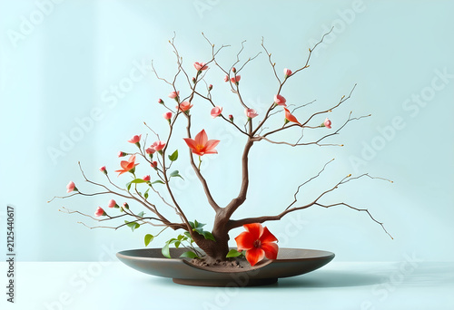 Ikebana floral arrangement with delicate pink and red blossoms on bare branches in a shallow brown bowl