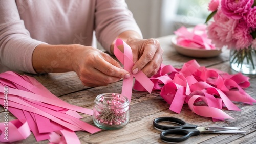 Adult Hands Making Pink Awareness Ribbons at Wooden Table